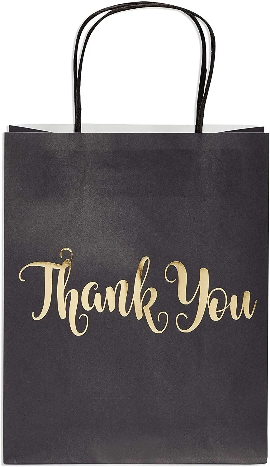 24 Pack Medium Black Thank You Party Favor Paper Goodie Gift Bags with Handles, Gold Foil