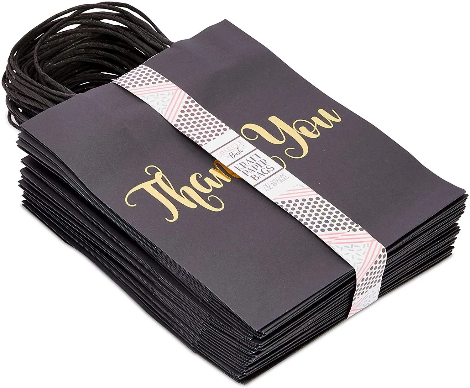 24 Pack Medium Black Thank You Party Favor Paper Goodie Gift Bags with Handles, Gold Foil