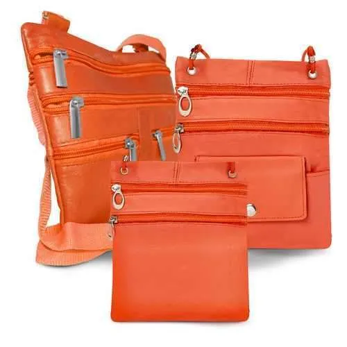 All Leather Set Of 3 Casual On The Go Bags-Orange  Color