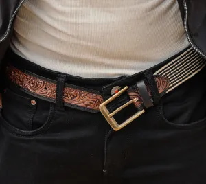 Artisan Elegance: Leather Hand-Tooled and Webbing Belt – A Perfect Blend of Tradition and Modern Style.    Art: LB-828