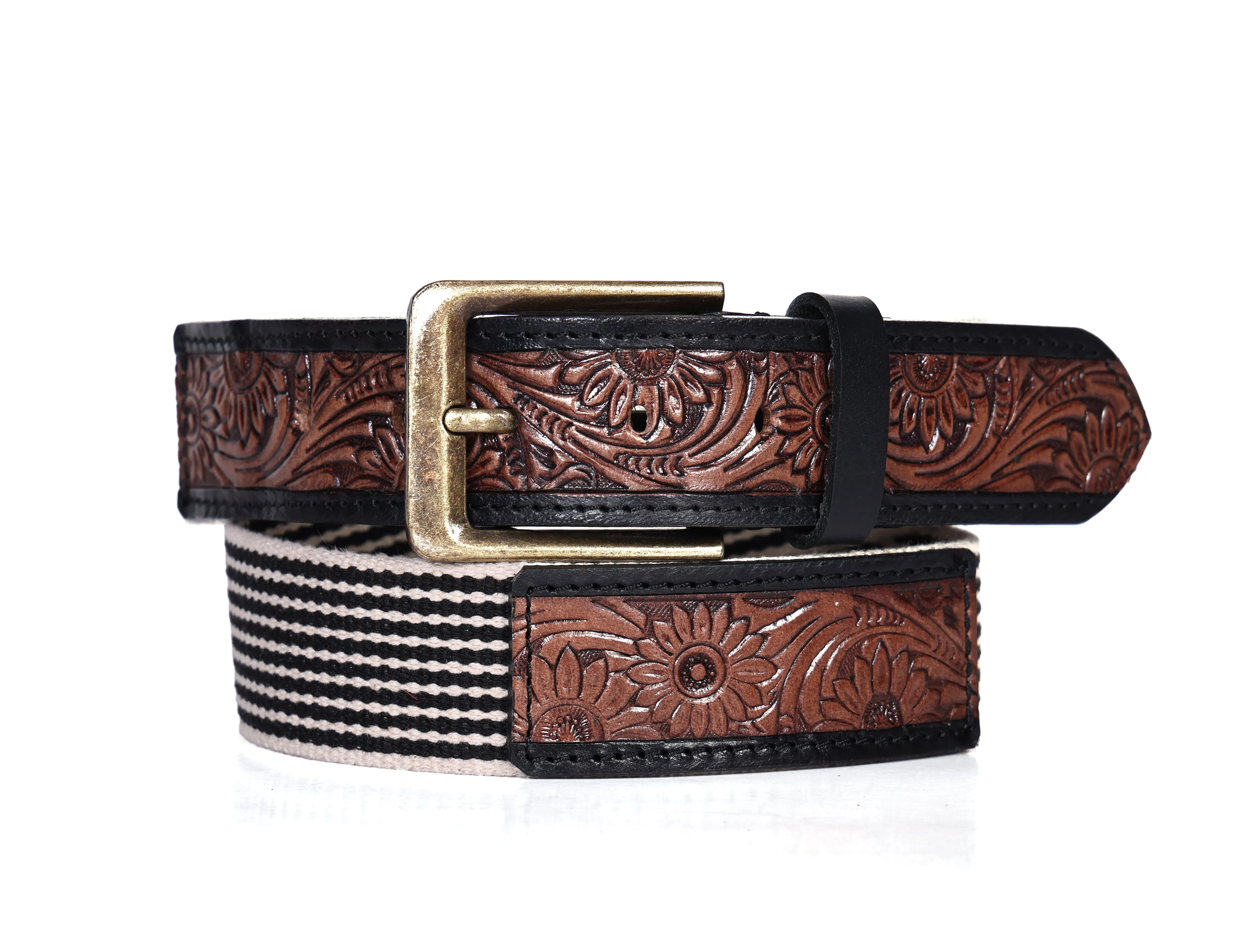 Artisan Elegance: Leather Hand-Tooled and Webbing Belt – A Perfect Blend of Tradition and Modern Style.    Art: LB-828