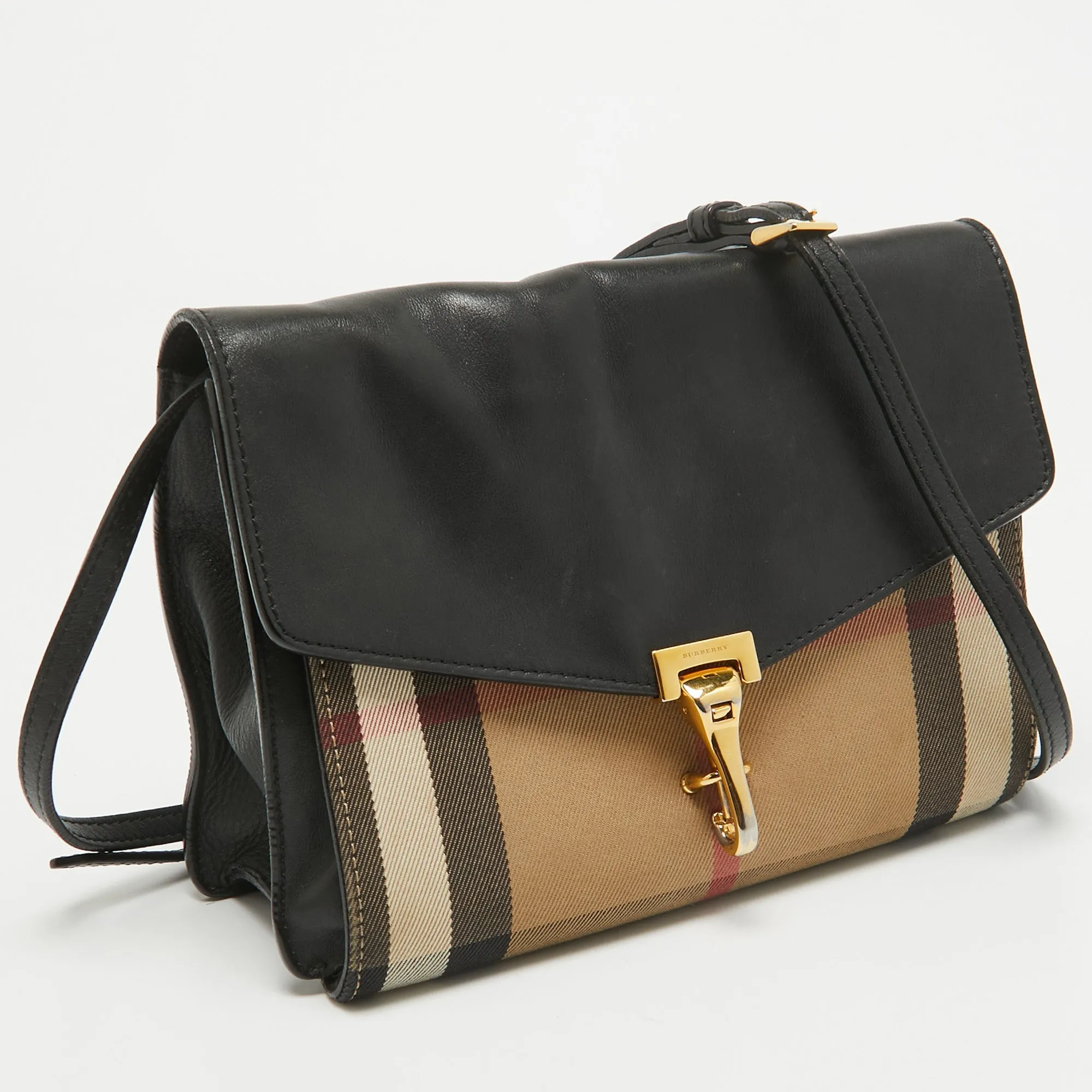 BURBERRY Black/Beige House Check Fabric and Leather Small Macken Crossbody Bag