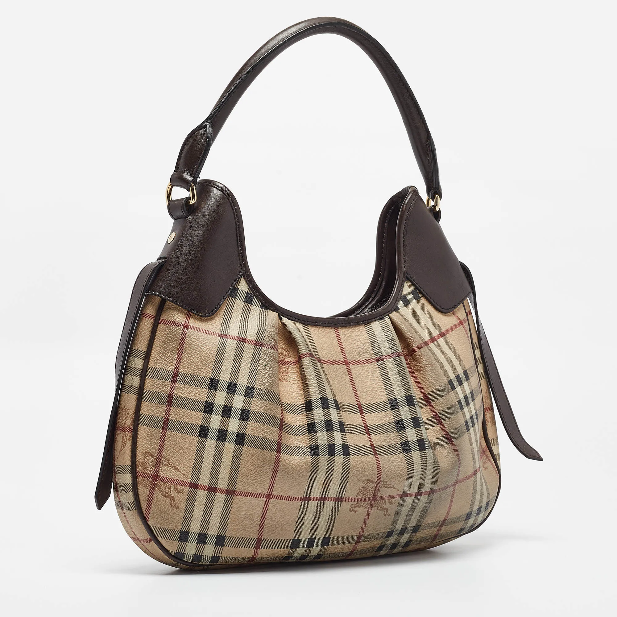 BURBERRY Brown/Beige Haymarket Coated Canvas and Leather Small Brooklyn Hobo