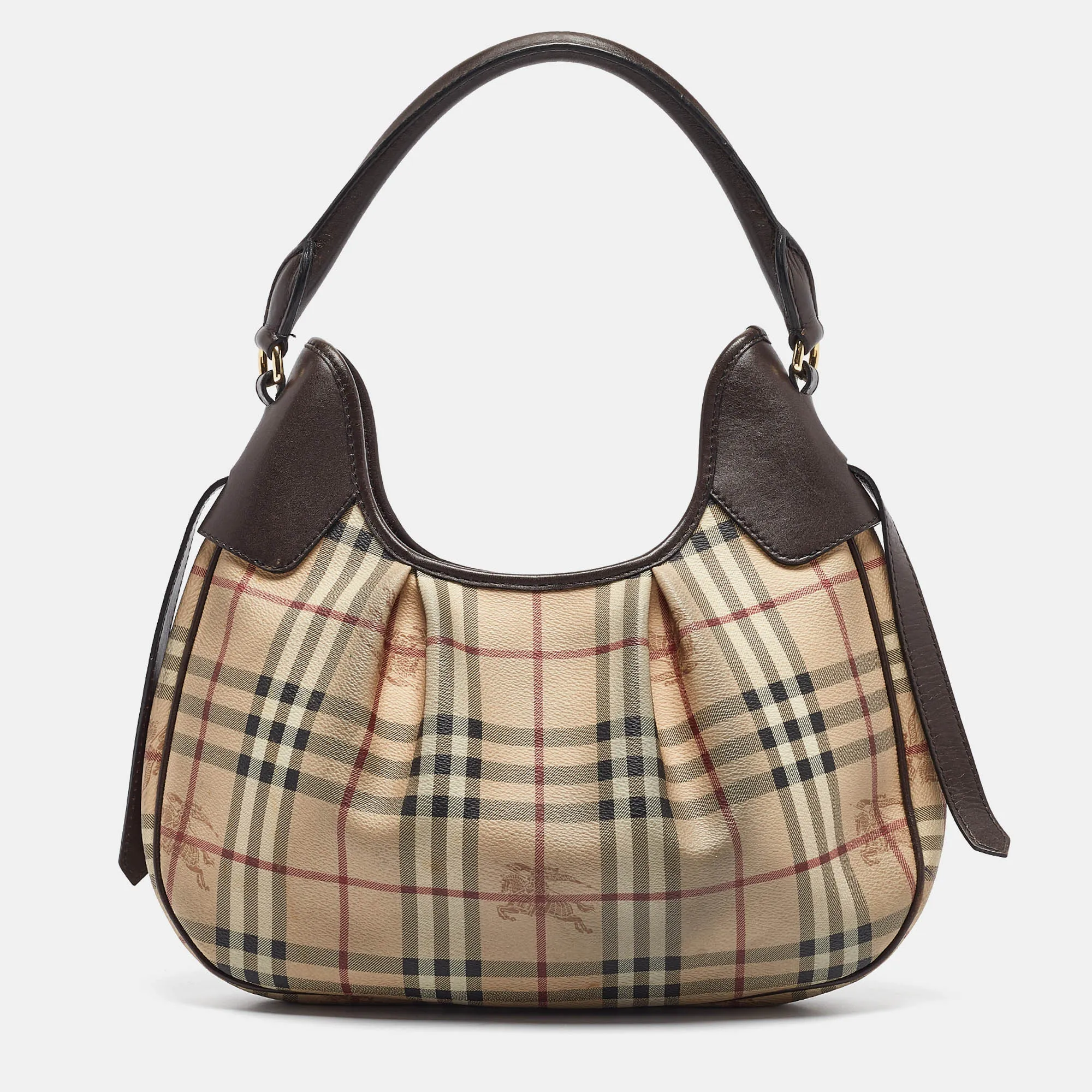 BURBERRY Brown/Beige Haymarket Coated Canvas and Leather Small Brooklyn Hobo