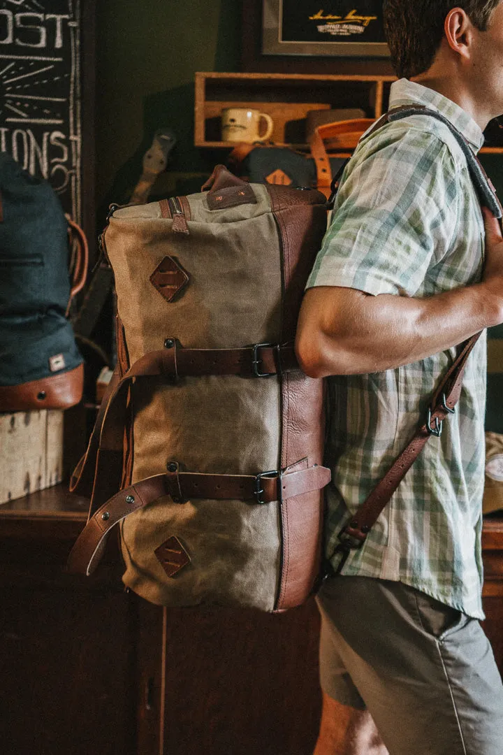 Dakota Waxed Canvas Duffle Bag/Backpack | Field Khaki w/ Chestnut Brown Leather