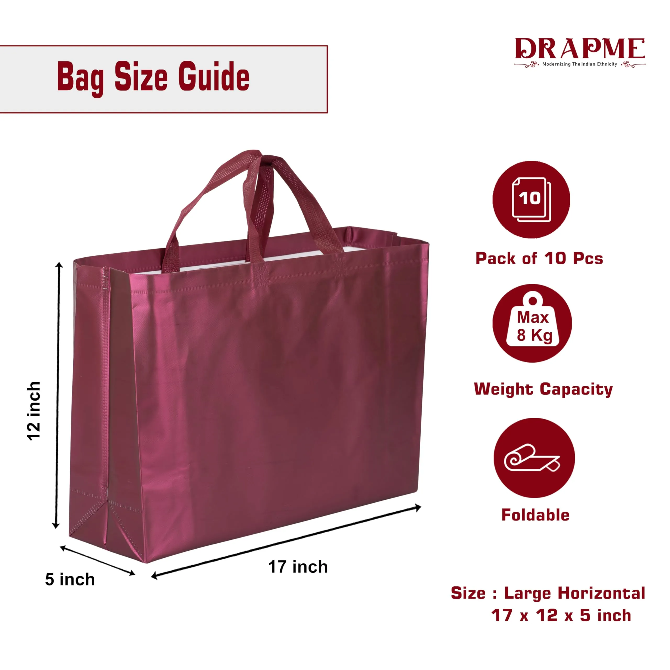 Drapme Large Size Pack of 10 Pcs Matt Metallic Laminated Non-Woven Reusable Eco-Friendly Party Return Gift Bags (Wine) (Large 17x12x5 Inch)