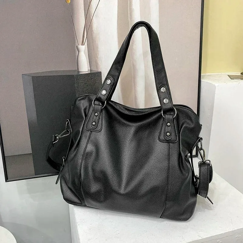 High-Capacity Women's Soft Leather Shoulder Tote Bag