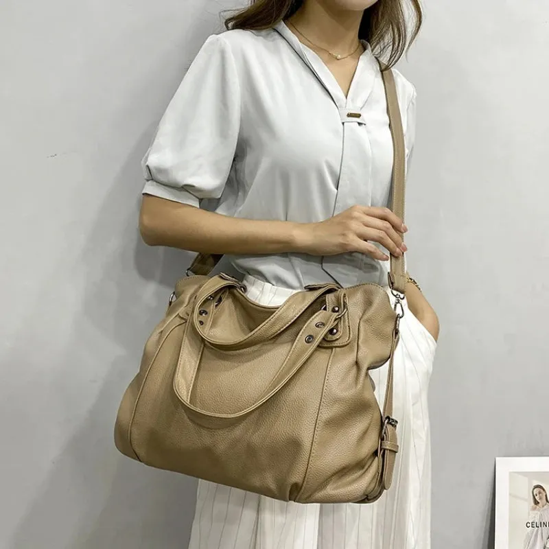 High-Capacity Women's Soft Leather Shoulder Tote Bag