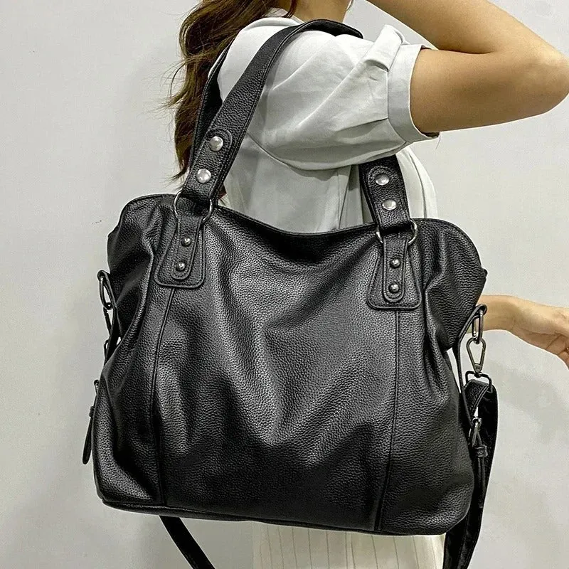 High-Capacity Women's Soft Leather Shoulder Tote Bag