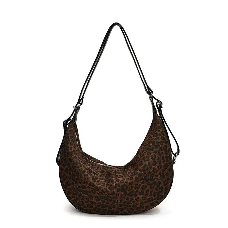 Large Leopard Shoulder Bags Soft Leather Zip Adjustable Belt Strap Crescent Bags