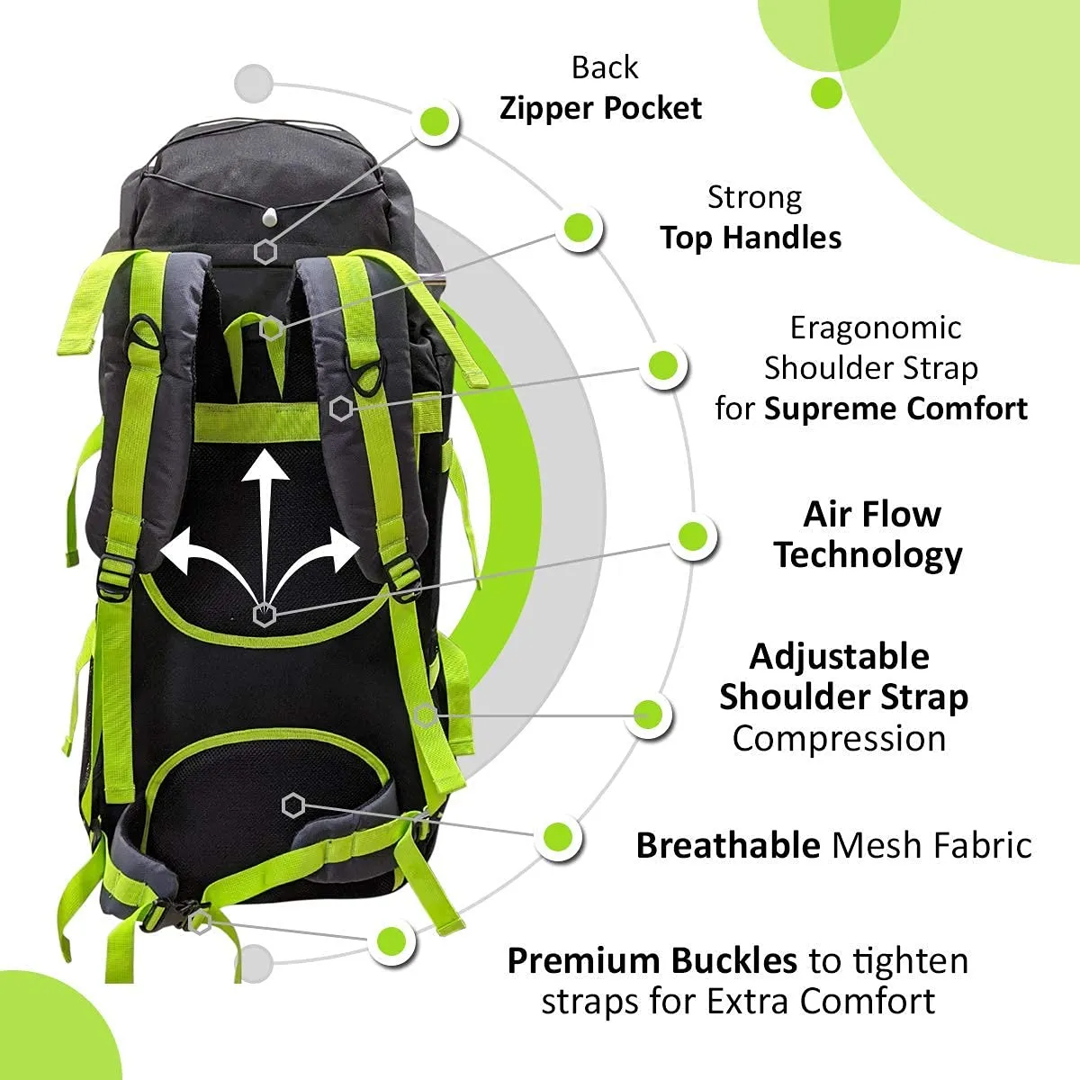 Mufubu 75l Campsack Rucksack for Camping Trekking & Hiking Neon Green Black