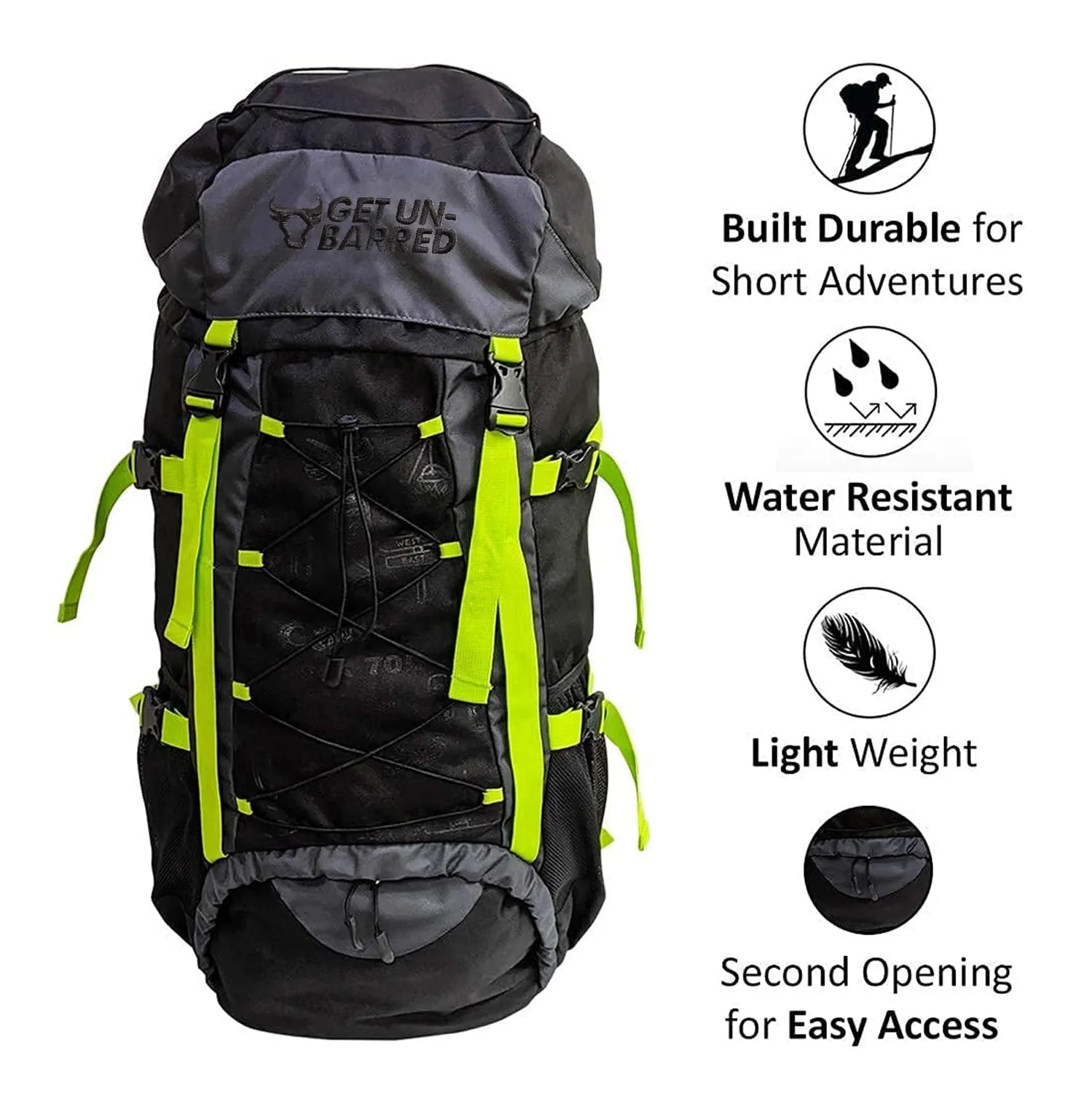 Mufubu 75l Campsack Rucksack for Camping Trekking & Hiking Neon Green Black