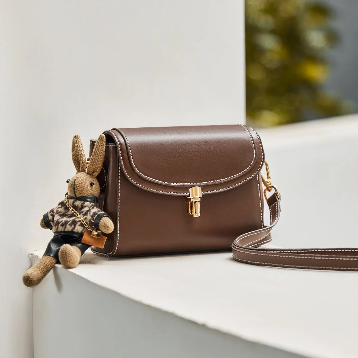 Rabbit Charm Contrast Leather Shoulder Bag