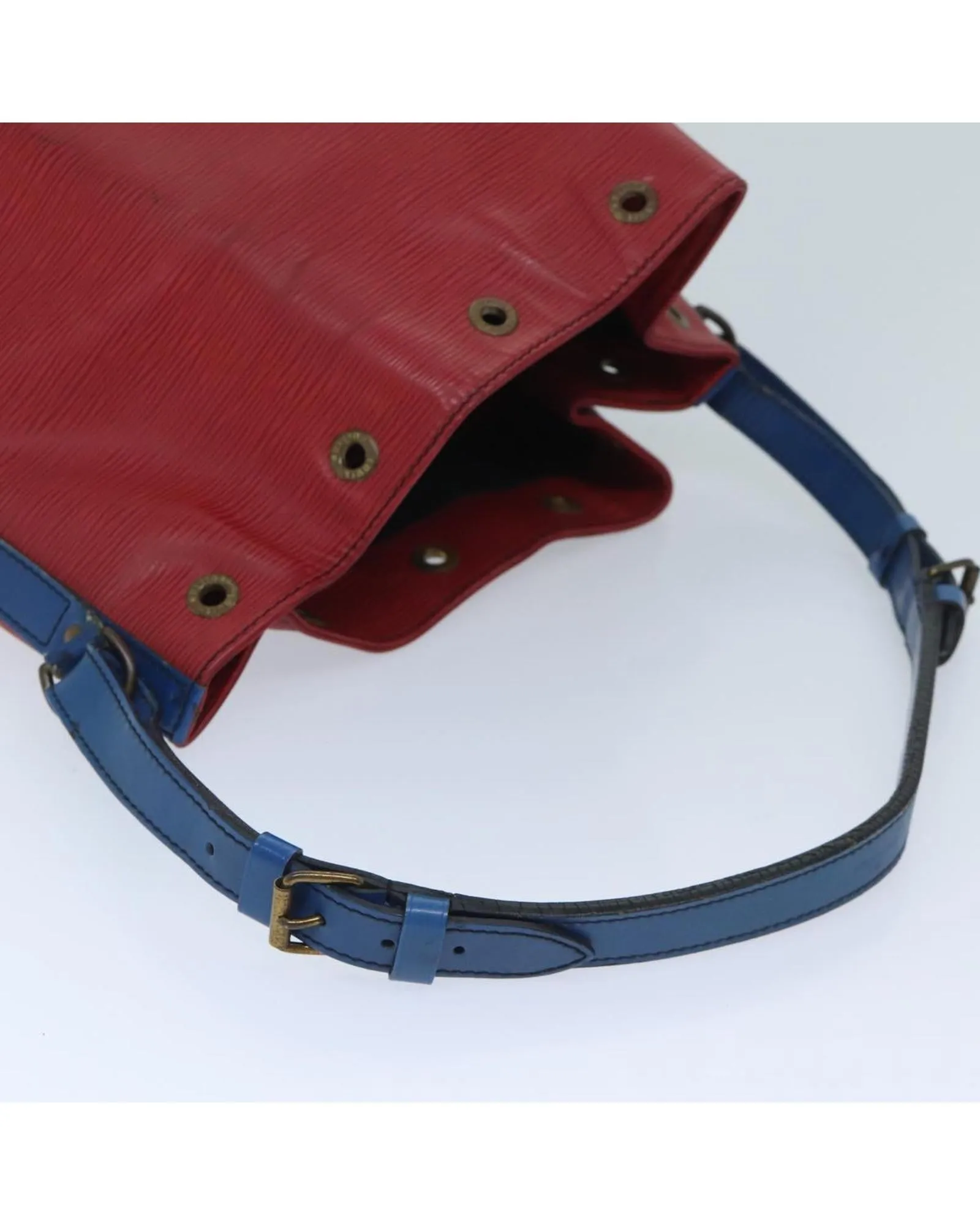 Red and Blue Epi Leather Shoulder Bag with Adjustable Strap and Drawstring Closure